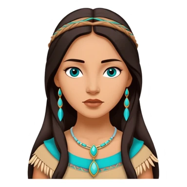 Cinematic Elegant Pocahontas Portrait Emoji, rendered in a realistic, vector-style with minimal shading and bold, simplified shapes. Depict Pocahontas (chest and above) with warm, sun-kissed skin, long, flowing dark hair, and gentle, wise eyes, wearing traditional attire in earthy tones with hints of turquoise. The image glows with a soft, natural radiance and high shine, embodying timeless indigenous beauty. sticker