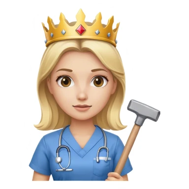 blond nurse girl wearing scrubs with a crown and a sledge hammer sticker