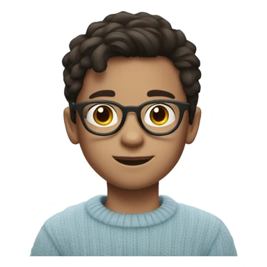 A little boy that is about 10 years old, wearing circular glasses and dark brown hair and a light blue sweater sticker