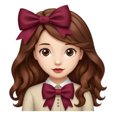 girl wavy long brown hair with a burgundy bow sticker