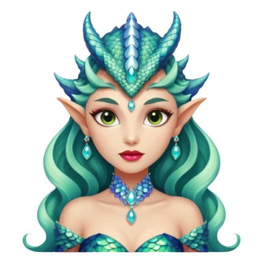 Am amazing blend of a half dragon woman with glittering jeweled scales covering her body. She has large almond shaped eyes, lush lips, and she wears a stunning luminescent gown. sticker