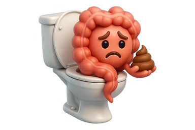 emoji stile iphone di un intestino realistico 3d che esce dal wc con in mano una montagnetta di feci con espressione triste a palline, iperrealistico 4k sticker