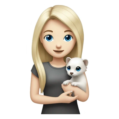 Blonde girl with blue eyes holding in hands a ferret grey and white colour with black eyes sticker