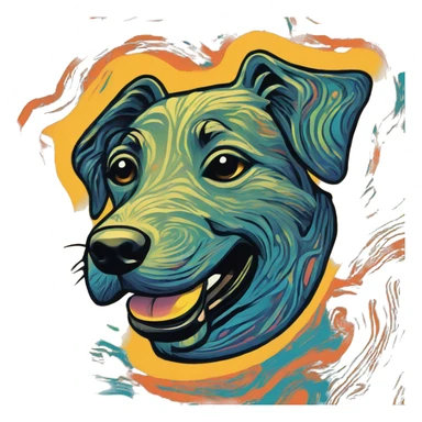 Abstract quirky funky made of different shapes dog running and squiggles linocut multicoloured illustrations  sticker