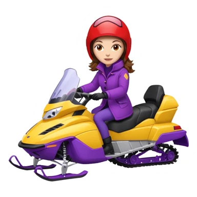 Brown hair Woman wearing red coat  on purple and yellow snowmobile sticker