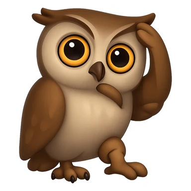 В стилистике эмоджи сгенерируй сову, на задумчиво, подпирает крылом голову, а другим чешет голову, прозрачный фон sticker