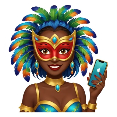 i need the same girl in "dark skin girl, dark red lipstick, nails very beautiful" to be smiling in "carnival mas costume, blue, green and orange preferably, full costume feathers at the back" she is to be smiling and happy with a phone in her hand taking a pico  sticker