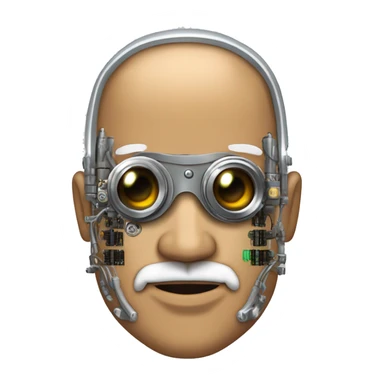 Tan bald male Latino cyborg head with grey beard, silver steampunk monocle goggles and circuits sticker