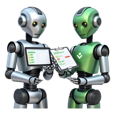 two robot upper bodies, one is checking another robot's work with a checklist and a green checkbox sticker