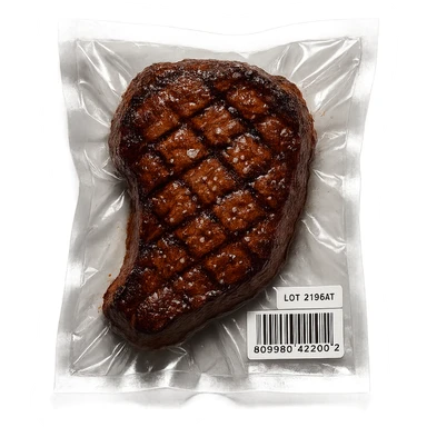 grilled steak with scattered small sparkling crystals, glossy, vacuum-sealed style sticker