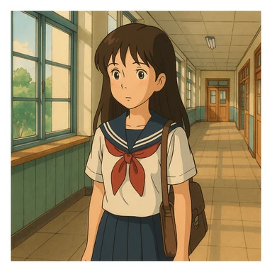 anime school girl in school setting, ghibli style sticker