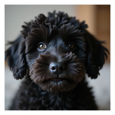 close-up portrait of a photorealistic black doodle dog with curly fur, accurate details, soft blurred background sticker