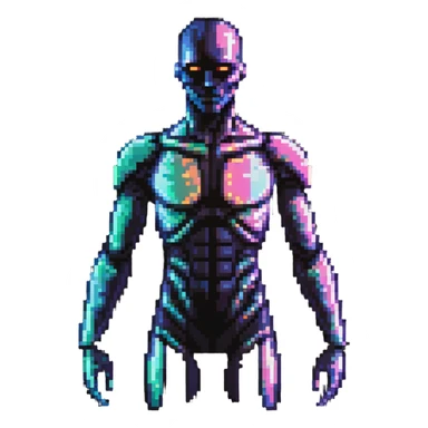 Pixelated future human with neon highlights, tech-enhanced body, and holographic elements sticker