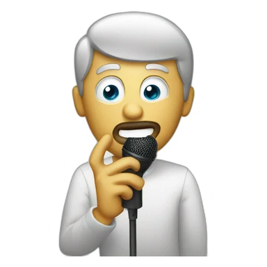 a man saying hello and holding a microphone sticker