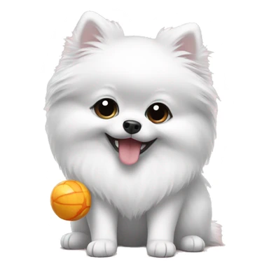 White Pomeranian holding a toy sticker