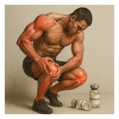 realistic and anatomical crossfit athlete showing joint pain throughout the body; detailed muscles and joints; vials labeled 'Stanozololo' nearby; natural lighting; neutral background sticker