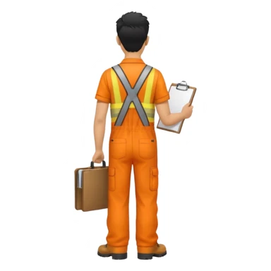 Indian male railway engineer orange overalls, boots holding a clipboard back view sticker