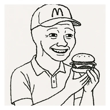 wojak meme style, McDonald's worker smiling, holding a burger, simple background sticker
