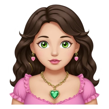 Girl long wavy dark brown hair with middle part. green gold eyes, plus size, pink frilly top, right nostril gold nose ring, small pink heart crystal necklace  sticker