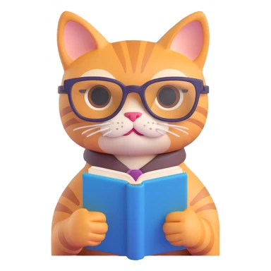 3D ios style cat with glasses and a book sticker