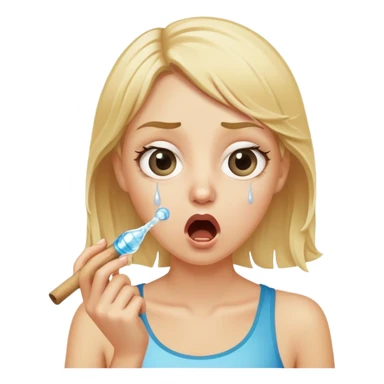 blond woman with wide eyes, holding a skin-colored stick, water squirting from the stick into her mouth, shocked face sticker