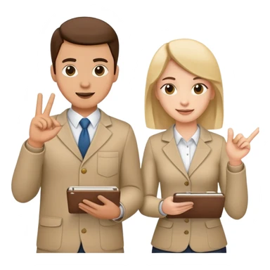 Two team members facing each other, one holding a notepad and the other gesturing, in a collaborative pose sticker