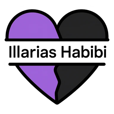 split black and purple heart, with 'Illarias Habibi' written across the middle in a modern font sticker