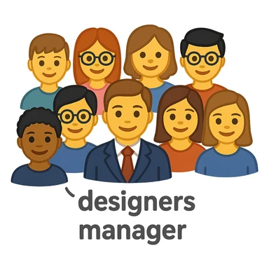 A group of 8 designers and one manager depicted in emoji style, with the text "designers manager" sticker