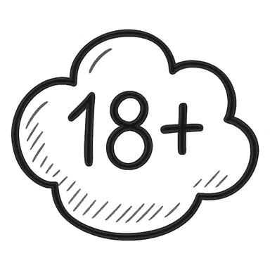 hand-drawn style 18+ badge in the shape of a cloud, with bold outlines, simple shadows and highlights for volume, clear '18+' text in the center, playful ficwriter style sticker