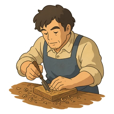 skilled artisan carving wood, ghibli style sticker