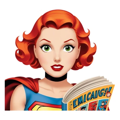 Icon for Vintage American Comics: an open comic magazine with classic 1940s-1950s American comic art, featuring superheroes in bold, bright colors, with action panels and exaggerated speech bubbles. The icon should represent the nostalgic style of vintage comics. Transparent background. sticker