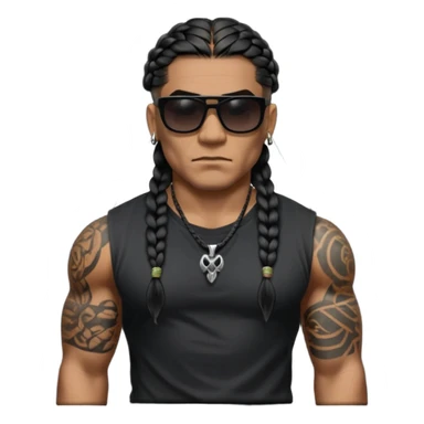 Samoan male. 
Untucked loose fitting black t-shirt. 
long black braided hair.
very muscular.
Even More tattoos. 
Tough and menacing.
Dark black square sunglasses. sticker