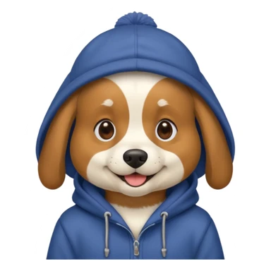 Dog wearing a hoodie and hat sticker