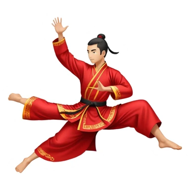 Emblem symbolizing Wushu martial arts. A graceful martial artist performs a dynamic kung fu pose, with flowing movements and a long, elegant robe. The background features stylized clouds and traditional Chinese symbols, representing fluidity, balance, and precision. Transparent background. sticker
