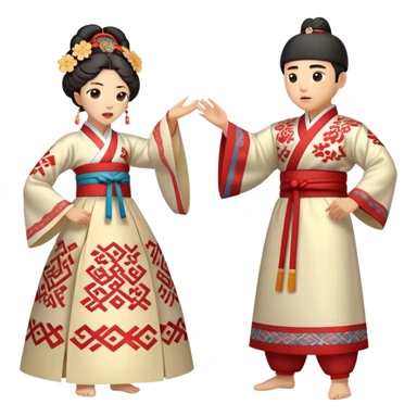 Cinematic Realistic scene of two performers engaging in Ganggangsullae, dressed in traditional Korean costumes with intricate patterns and graceful movements, illuminated by soft, festive lighting that accentuates the cultural ambiance sticker