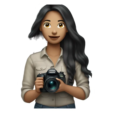 women photographer with long black hair and light skin holding a camera canon sticker