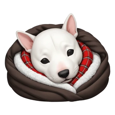bull terrier sleeping cozy with blanket black head and eats sticker