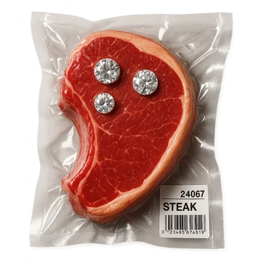 juicy steak with diamonds on top, shiny and inflated, vacuum-sealed style sticker