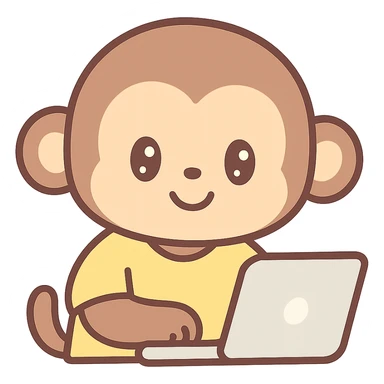 cute cartoon monkey using a laptop, smiling, wearing a yellow shirt sticker