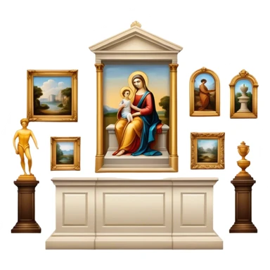 An icon featuring an elegant art gallery with classic paintings hanging on the walls, and sculptures displayed on pedestals. Visitors admire the exhibits, capturing the essence of culture, history, and art. Set against a transparent background. sticker