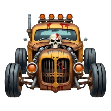 A mad max style hot rod in a zombie apocalypse, driving to the left. In the style of your bleeding skull art sticker