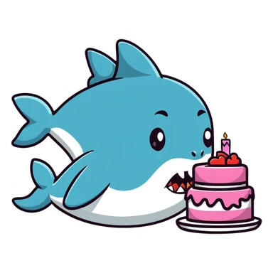friendly shark with puckered lips kissing a decorated cake sticker
