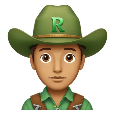 Cowboy wearing a green hat with letter R sticker