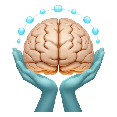 two hands gently holding a floating, glowing brain sticker