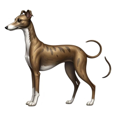 cinematic-[brindle greyhound]-realistic-full-body-standing-emoji,-tail-resting-loosely-beside-its-paws,-head-tilted-dramatically, -sleek-[dark brindle]-fur,-simplified-yet-realistic-focused-features,-highly-detailed,-glowing-with-an-almost-sarcastic-glow sticker