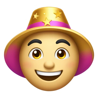 
Joyful emoji: Round face, big smile, sparkling crescent eyes, arched eyebrows. Golden stars near the eyes, colorful party hat tilted, rosy cheeks. with hat sticker