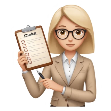 a person holding a checklist and pen, wearing smart casual clothing. The character is in a focused pose sticker