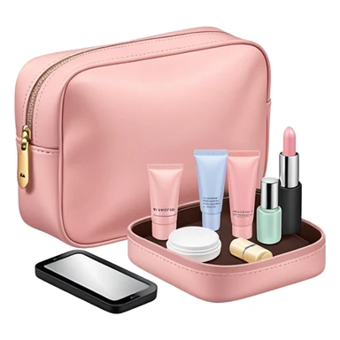 Pastel pink cosmetic travel pouch with skincare minis, clean setup sticker
