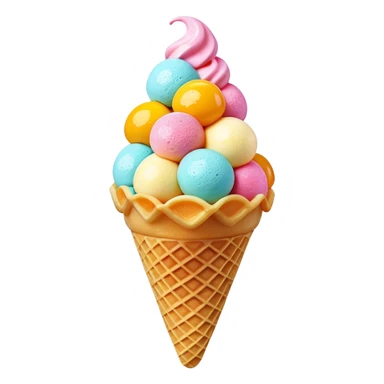 3D rendered Hong Kong egg waffle cone filled with colorful ice cream, hyper-realistic bubbled texture, glossy candy-like finish, vibrant colors, detailed texture, soft studio lighting sticker