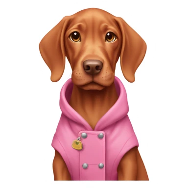 Vizsla puppy smiling wearing a pink coat sticker